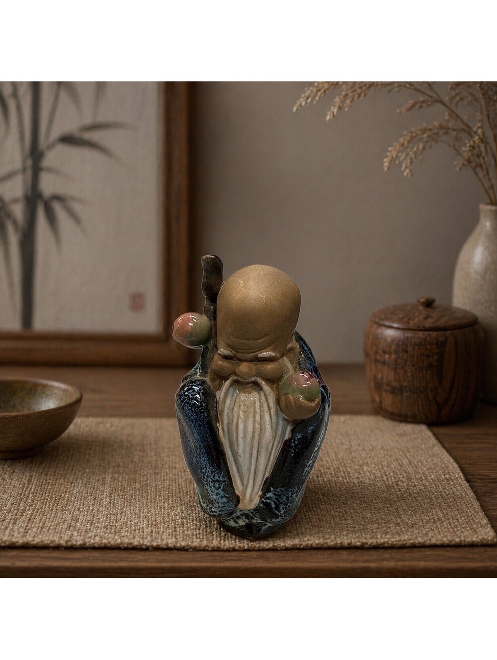 Vintage Asian Longevity God Figurine Ceramic Glazed Miniature Statue